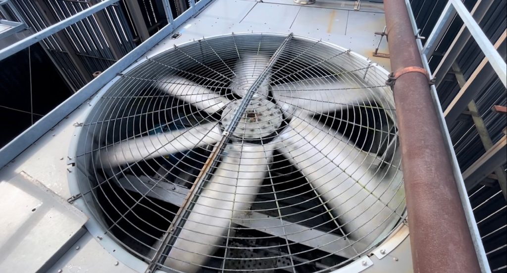 A metal fan in a spinning motion