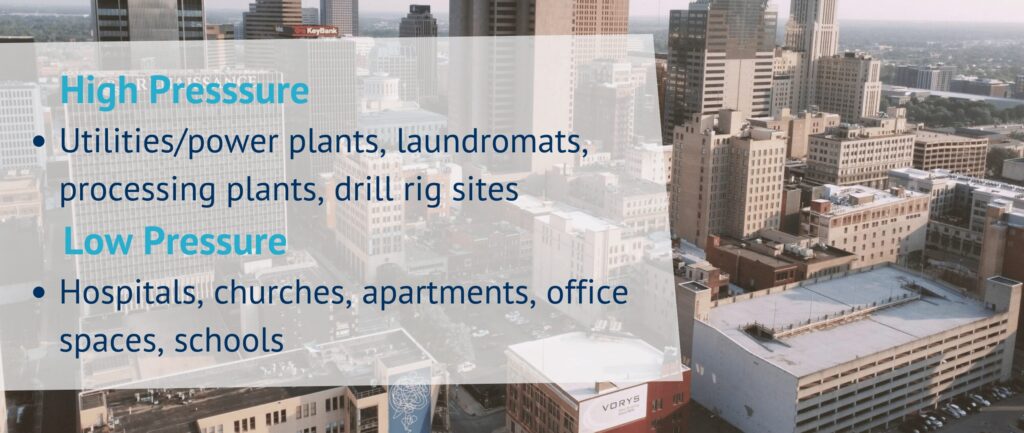       High Presssure
Utilities/power plants, laundromats, processing plants, drill rig sites
      Low Pressure
Hospitals, churches, apartments, office spaces, schools