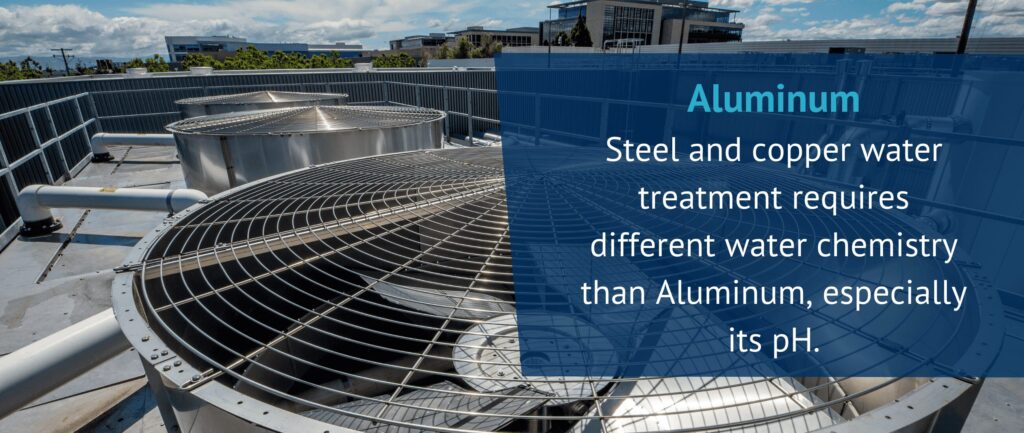 Aluminum
Steel and copper water treatment requires different water chemistry than Aluminum, especially its pH.