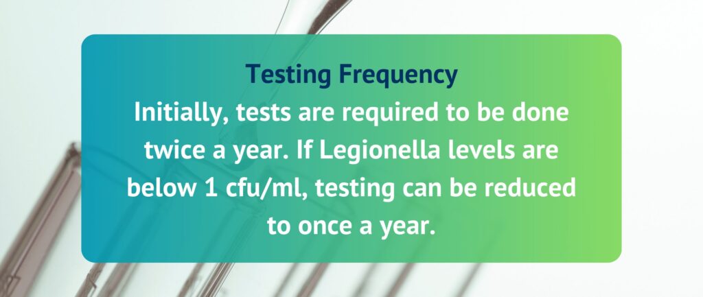 Testing Frequency
Initially, tests are required to be done twice a year. If Legionella levels are below 1 cfu/ml, testing can be reduced to once a year.