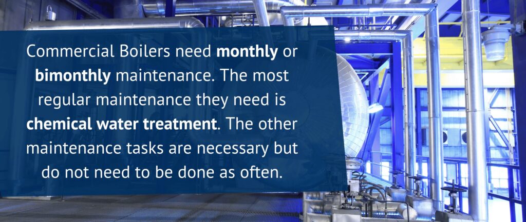 Commercial Boilers need monthly or bimonthly maintenance. The most regular maintenance they need is chemical water treatment. The other maintenance tasks are necessary but do not need to be done as often.