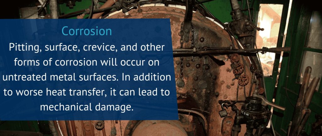 Corrosion
Pitting, surface, crevice, and other forms of corrosion will occur on untreated metal surfaces. In addition to worse heat transfer, it can lead to mechanical damage.