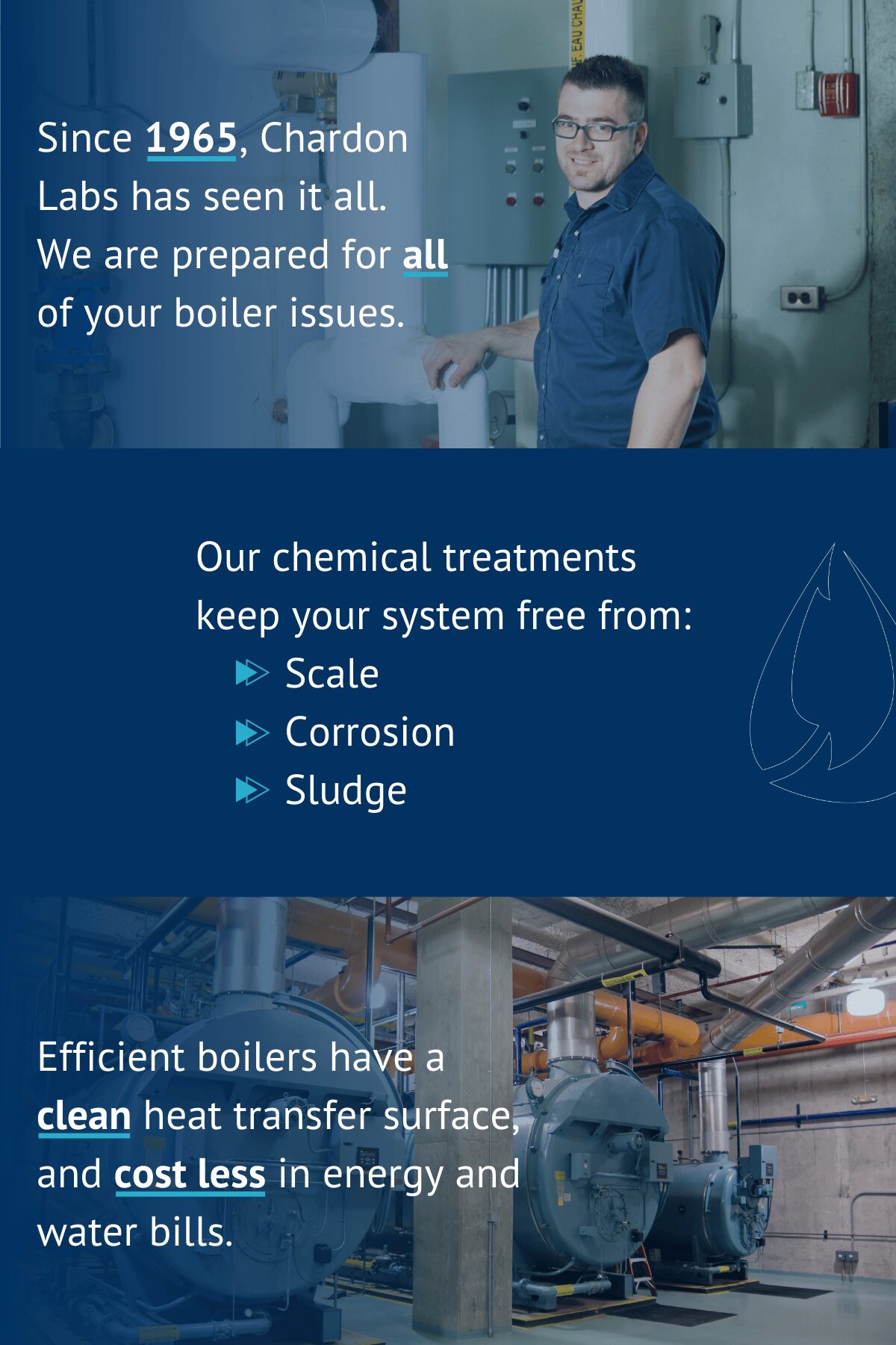 Since 1965, Chardon Labs has seen it all. We are prepared for all of your boiler issues. Our chemical treatments keep your system free from: Scale Corrosion Sludge Efficient boilers have a clean heat transfer surface, and cost less in energy and water bills.